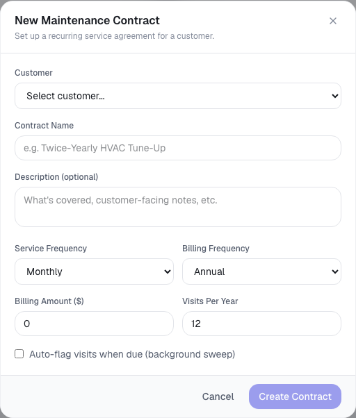 ToolbagCRM New Maintenance Contract form with customer, contract name, service frequency, billing frequency, billing amount, visits per year, and auto-flag options