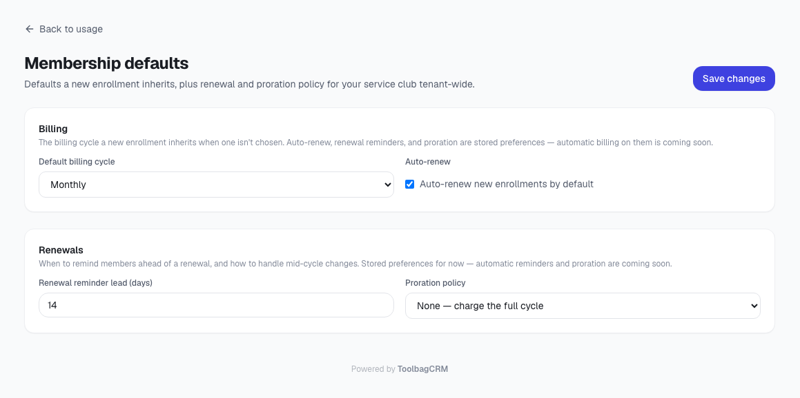 ToolbagCRM Membership defaults setup page with billing cycle, auto-renew, reminders, and proration policy