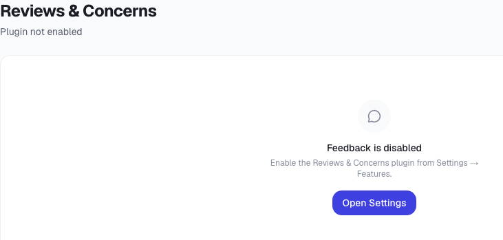 Cropped ToolbagCRM Reviews and Concerns disabled-state card with Open Settings action