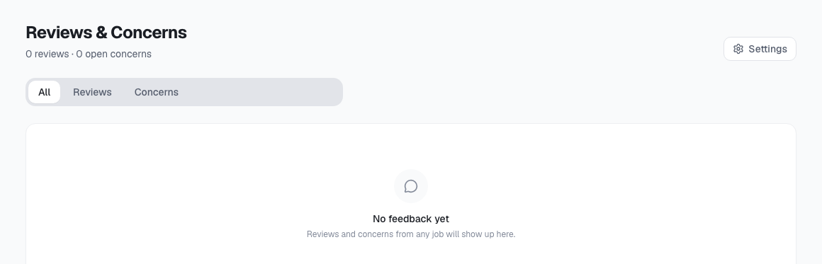 ToolbagCRM Reviews and Concerns page showing review and concern tabs with an empty feedback state