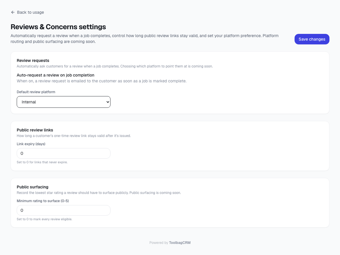 ToolbagCRM Reviews and Concerns settings page with review request, link expiry, and platform settings