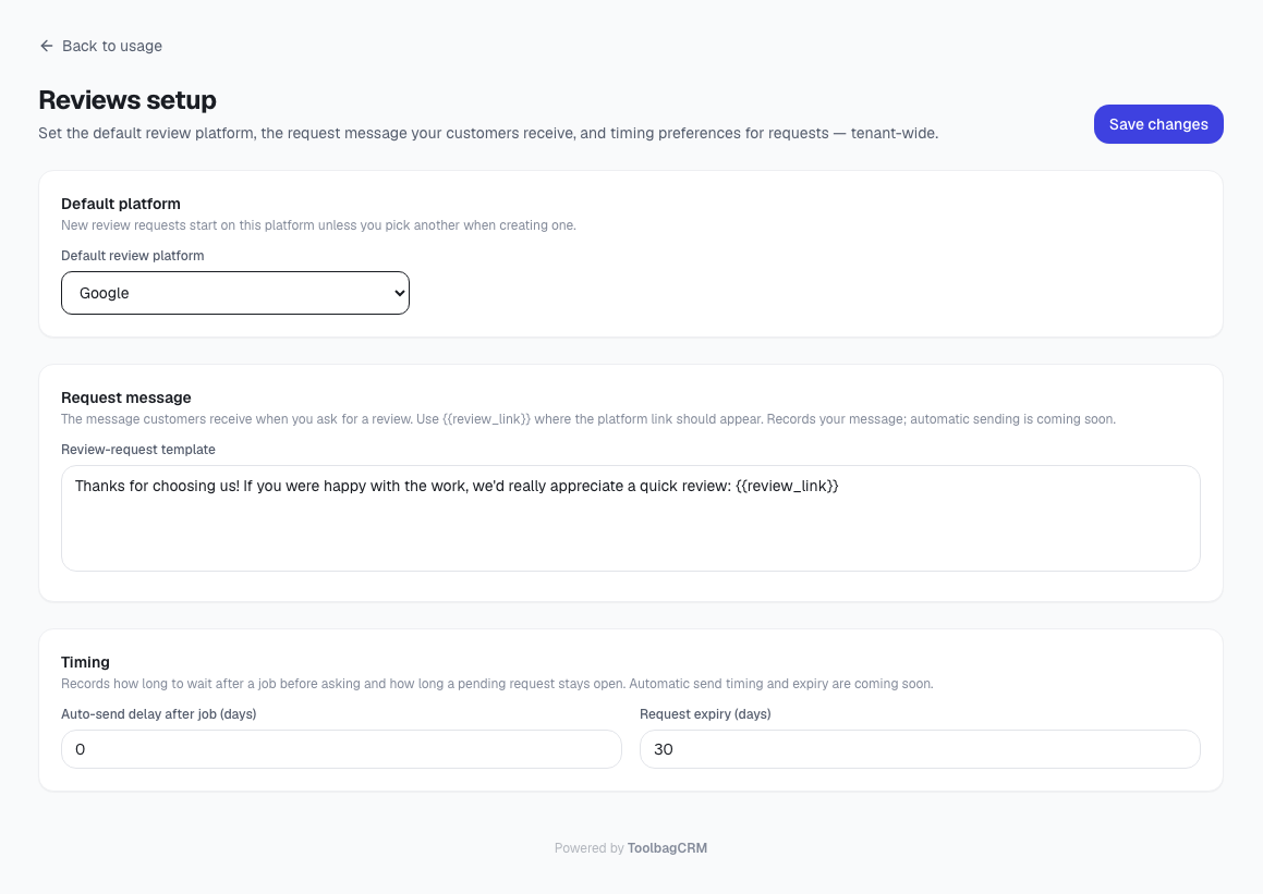 ToolbagCRM Reviews setup page with default platform, request message, timing, and expiry settings