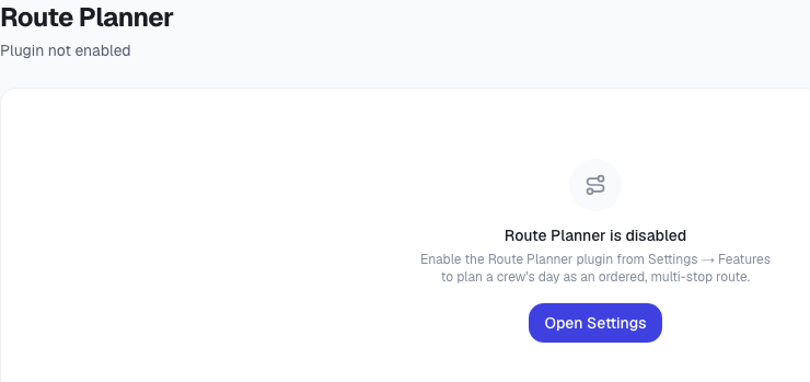 Cropped ToolbagCRM Route Planner disabled-state card with Open Settings action