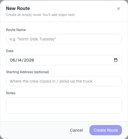 ToolbagCRM New Route dialog with route name, date, starting address, and notes fields