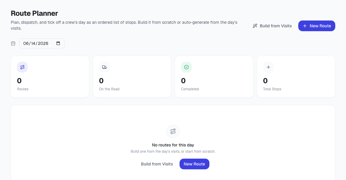 ToolbagCRM Route Planner page showing route dashboard summary cards, Build from Visits, and New Route actions
