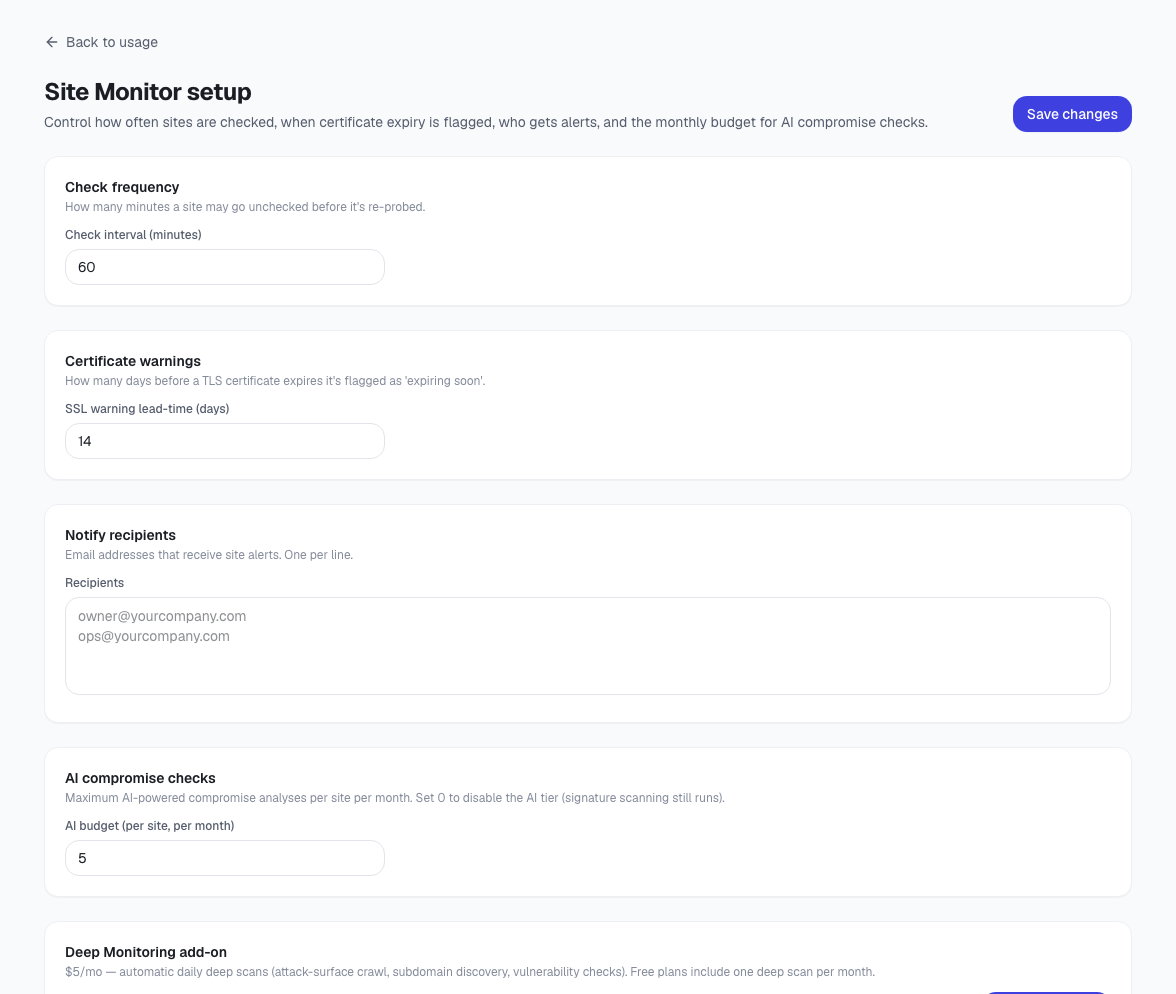 ToolbagCRM Site Monitor setup page with check frequency, certificate warning days, notify recipients, and AI compromise checks